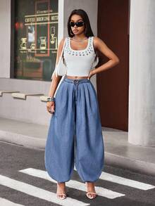 Jeanoix Quần jean denim ống rộng phong cách Y2K dành cho nữ. - Rửa trung bình - Xem 7