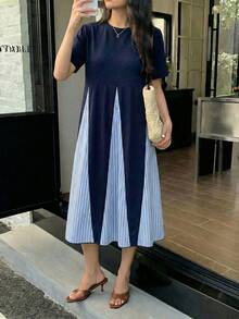 Solavon Women's Round Neck Striped Print Colorblock Short Sleeve Summer Dress - Navy Blue - View 1