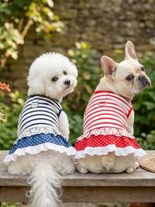 狗狗服装、猫咪服装、动物裙装、宠物春夏新品系列、幼犬连衣裙、公主风百搭连衣裙、条纹印花、小型动物服装、清凉防晒霜 - 彩色 - 查看 3