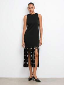 Maija Women's Solid Color Tassel Hem Round Neck Fitted Sleeveless Dress Chic Dresses For Women,Summer Dresses For Women - Black - View 7