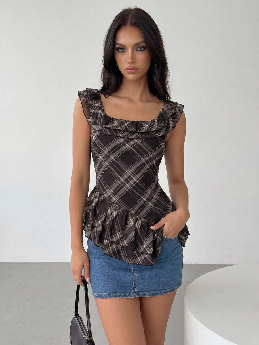 ROMWE J-Fashion توب قطني قصير غير متماثل الخطوط مخطط بطراز كلاسيكي من الحقبة الرقمية - بني - مشاهدة 1