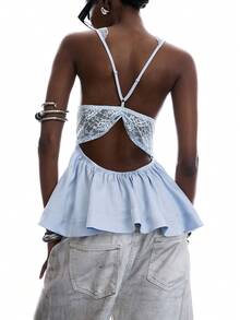LYSMO Damen hellblau Sommer elegantes Kontrast Spitze Rüschen Saum Camisole Top, Minimalismus Frühling Date Night Festival Party Strand Urlaub Top, Y2K - Beige - Übersicht 3