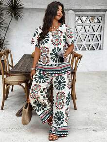 Breezaya Damen Große Größen Casual Lose Blume Muster Top + Damen Große Größen Casual Lose Blume Muster Hose - Verschiedenfarbig - Übersicht 8
