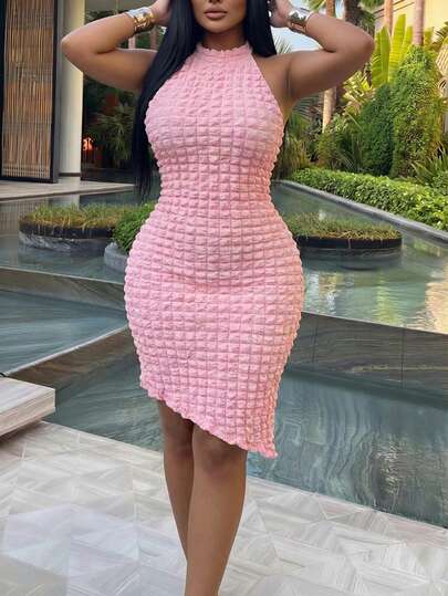 Slaydiva Plus Size Sexy Solid Color Textured Backless Halter Dress, Summer Yacht Dress Women's Talk Dress Ycv9w Discount Code For Woman Dress Wow Dress Women 2 Pieces Outfit Women's Two Pieces Women Two Pieces Outfit Pink Two Pieces Set Women Summer Outfits 2 Pieces