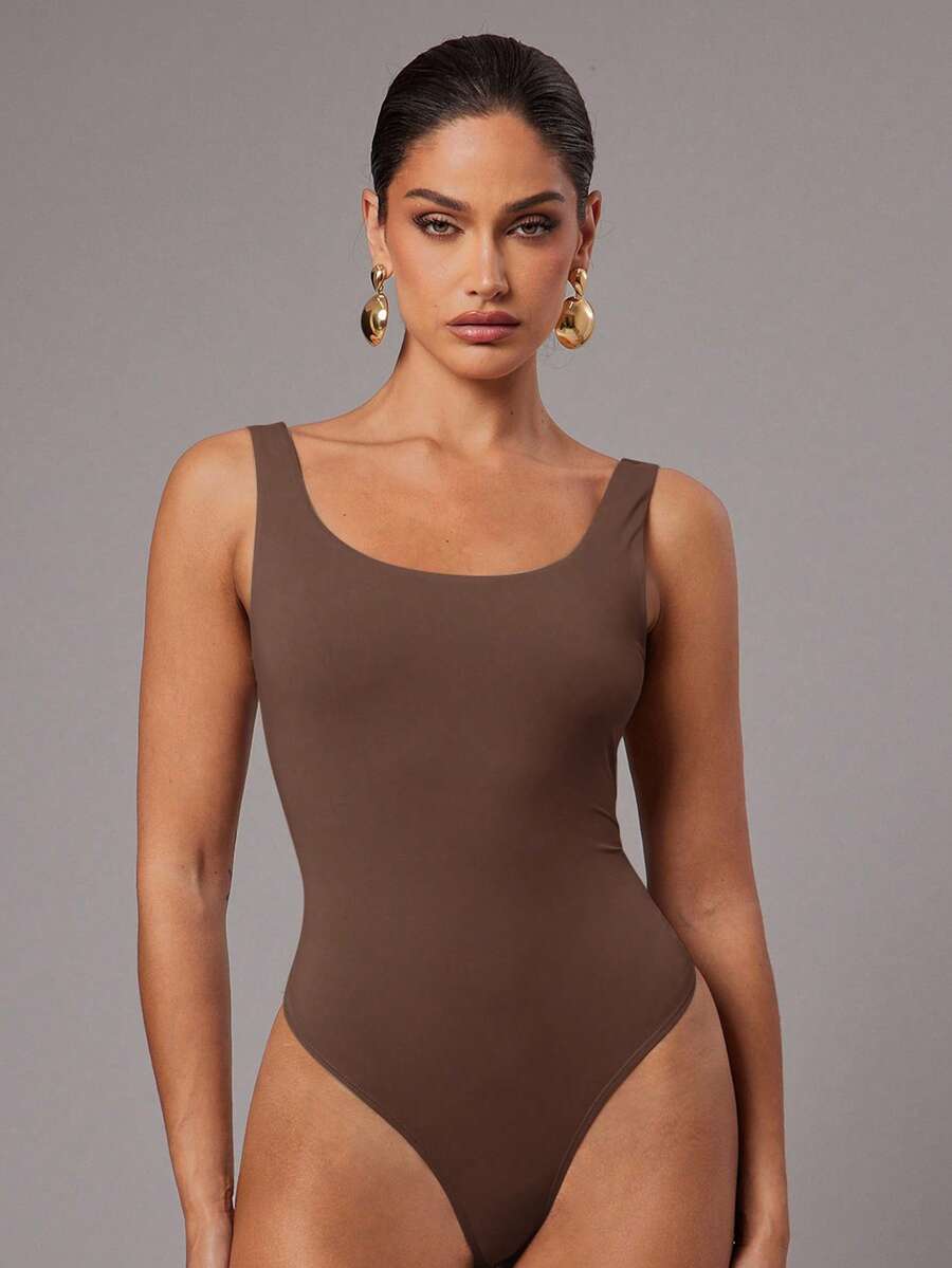 Silquee Women's Solid Chocolate Color Bodysuit, Basic Bodysuit - Mocha Brown - View 1