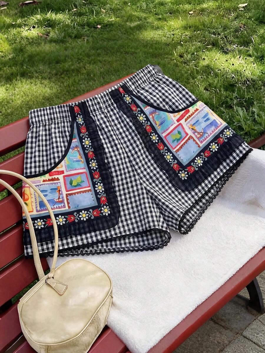 Flirla Red Plaid Cute Fruit Pattern Women Shorts - Black - View 1