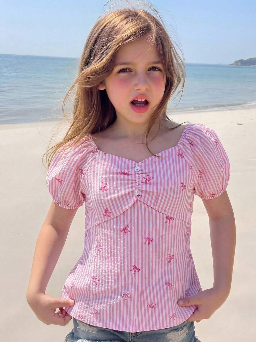 SHEIN Áo thun dệt kim ngắn tay dáng ôm, cổ bèo, chữ U, cài cúc, dành cho bé gái tuổi teen, kiểu dáng thường ngày, đa năng, dễ phối đồ, họa tiết chấm bi. - Hồng - Xem 1