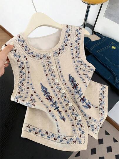 SHEIN Franclia Women's Floral Embroidery Print Round Neck Single-Breasted Casual Tank Top, Summer Single-Breasted Blouse