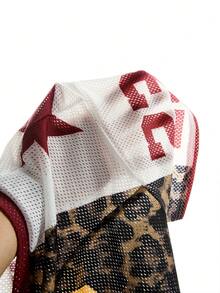 SHEIN 少女休闲V领宽松短袖T恤短裤套装，网眼面料，适合夏季运动，印有大号数字24和迷彩树枝图案 - 彩色 - 查看 7