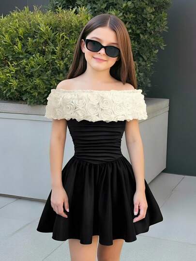 SHEIN Đầm maxi trễ vai xếp ly, phối ren hoa, dành cho bé gái tuổi teen, thích hợp mặc mùa xuân/hè, kiểu dáng thanh lịch, thoải mái, thích hợp dự tiệc.