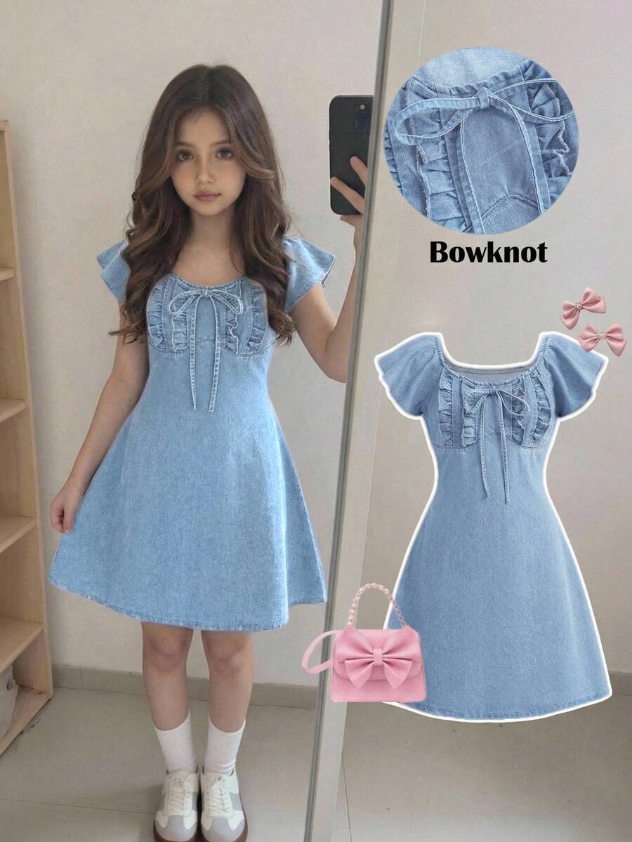 SHEIN Tween Girls Bow Denim Dress - Light Wash - View 1