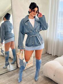 Dayanna Comas Chaqueta y abrigo de jean casual corto con cinturón y decoración de solapa para mujer - Lavado ligero - Ver 1