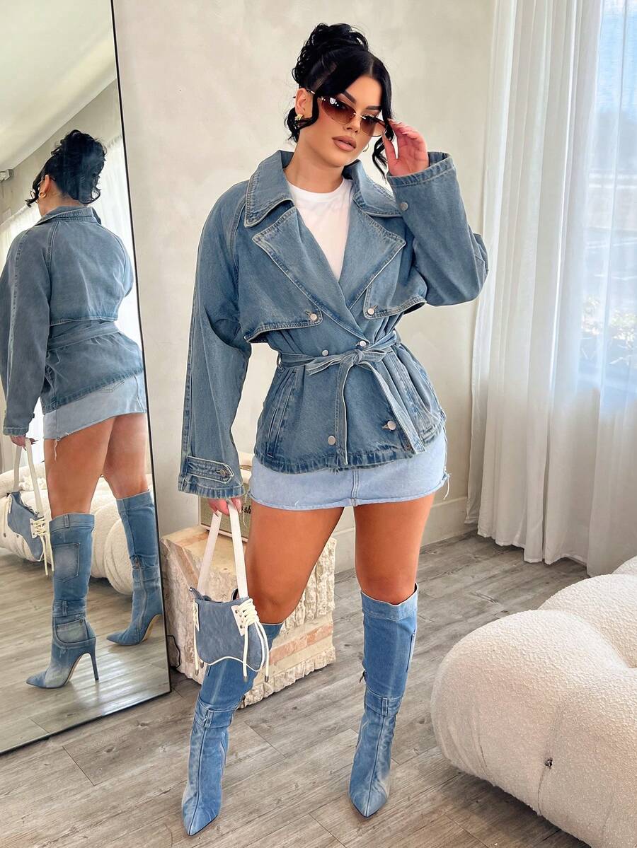 Dayanna Comas Chaqueta y abrigo de jean casual corto con cinturón y decoración de solapa para mujer - Lavado ligero - Ver 1