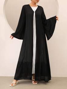 SHEIN Najma 优雅蕾丝拼接长袖喇叭袖口开襟女式长袍 - 黑色 - 查看 4