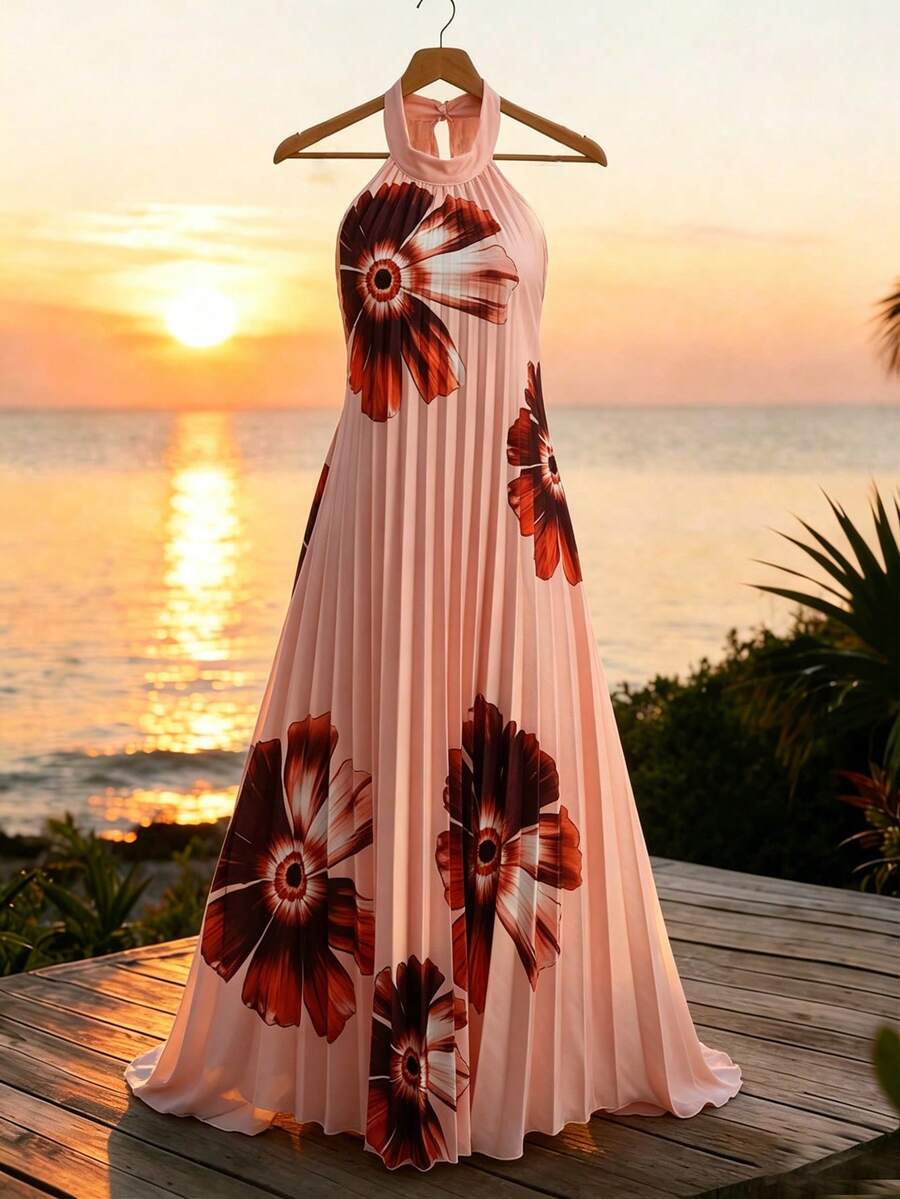 GlowEve 女士新款度假风印花褶皱露背吊带连衣裙，春夏款 - 藕粉色 - 查看 1