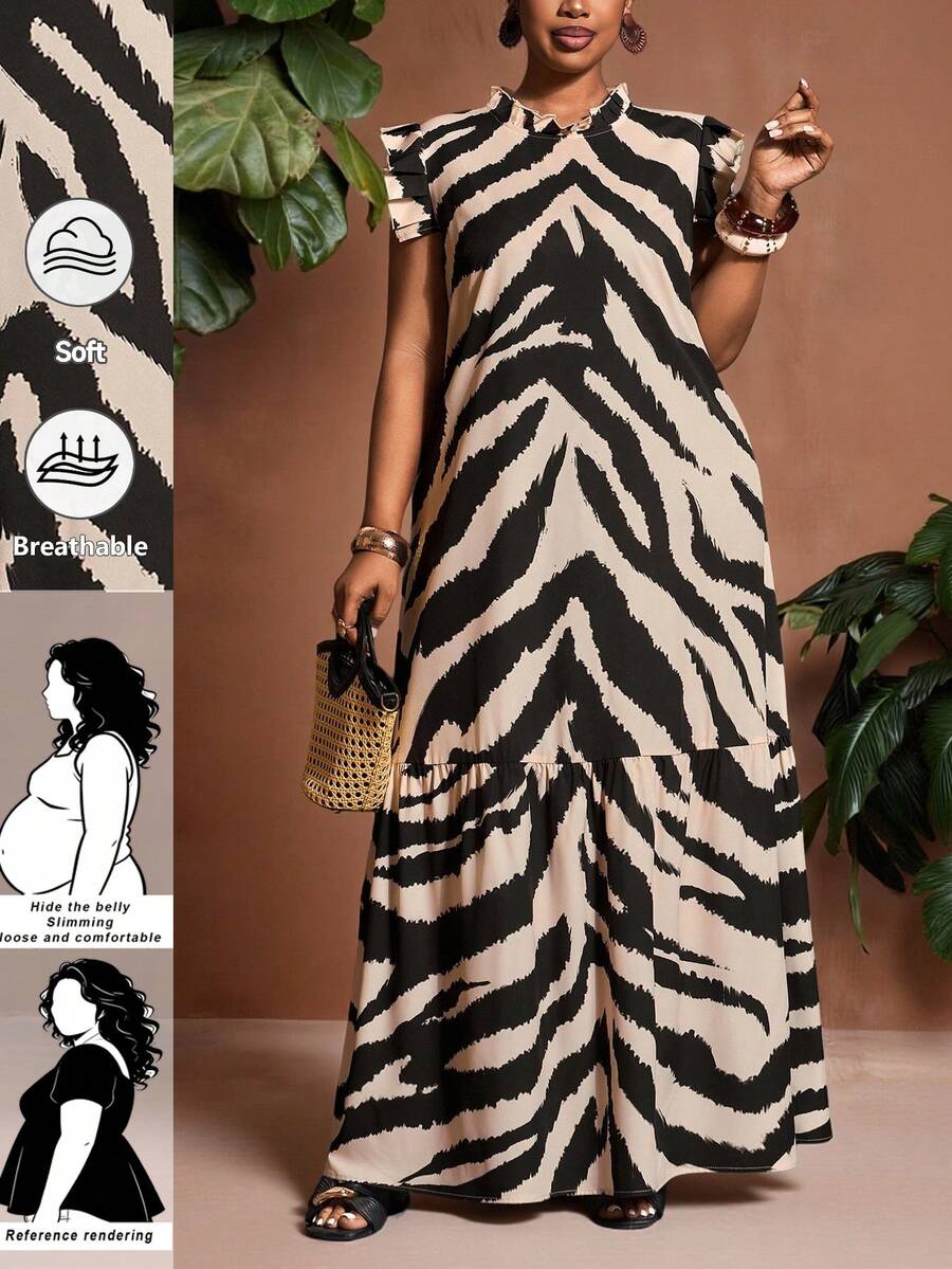 SHEIN CURVE+ Plus Size Music Festival Cap Sleeve Zebra Print Dress