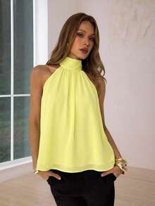 Aloruh Women's Solid Color Ruched Halter Casual Versatile Daily Wear Top,Summer Top - Yellow - View 6