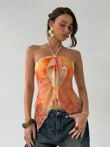 Aloruh Women's Floral Print Patchwork Ruffle Trim Halter Neck Top, Vacation Style - Orange - View 11