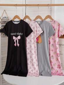 Pijama infantil de duas peças com gola redonda e manga curta, nas cores rosa, preto e cinza, com estampa de laço e letras, perfeito para o verão. Confeccionado em tecido de malha macio e leve, é confortável, estiloso, moderno, elegante e contemporâneo. Respirável, suave ao toque e de alta qualidade. Modelagem relaxada. - Preto - Ver 8