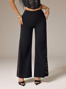 SHEIN PETITE 女士几何蕾丝拼接阔腿针织弹力黑色裤腿裤 - 黑色 - 查看 9