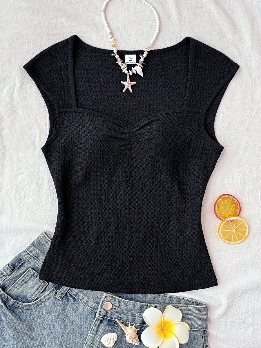 SHEIN Áo thun ngắn tay màu đen dáng casual dành cho nữ tuổi teen - màu đen - Xem 1