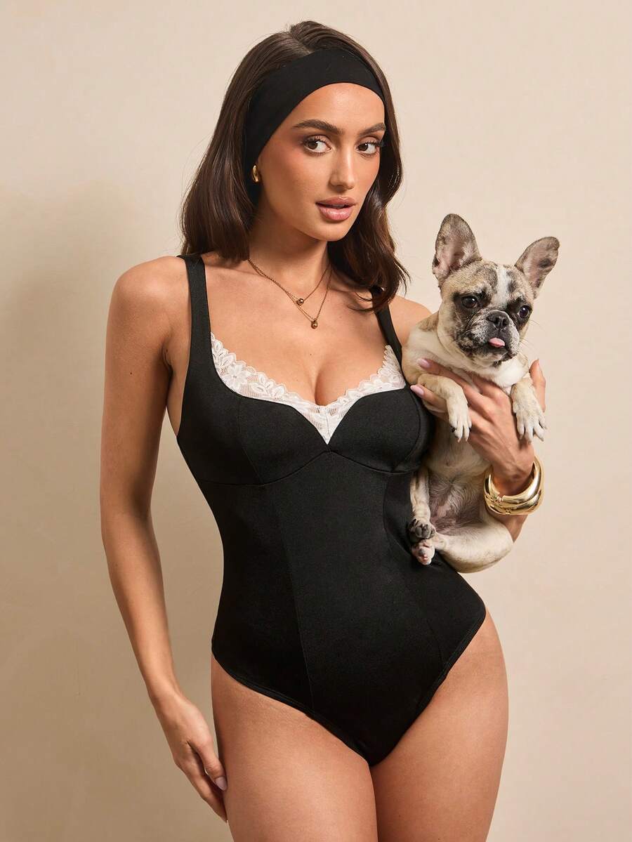 Silquee 女士夏季新款撞色蕾丝塑身连体裤 - 黑色 - 查看 1