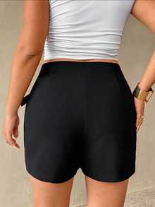 Auralis Talla Grande Negro Verano Casual Elegante Diario, Falda-Pantalón de Punto con Dobladillo Asimétrico, Ropa de Oficina Elegante para el Desplazamiento con Decoración de Hebilla Metálica - Negro - Ver 3
