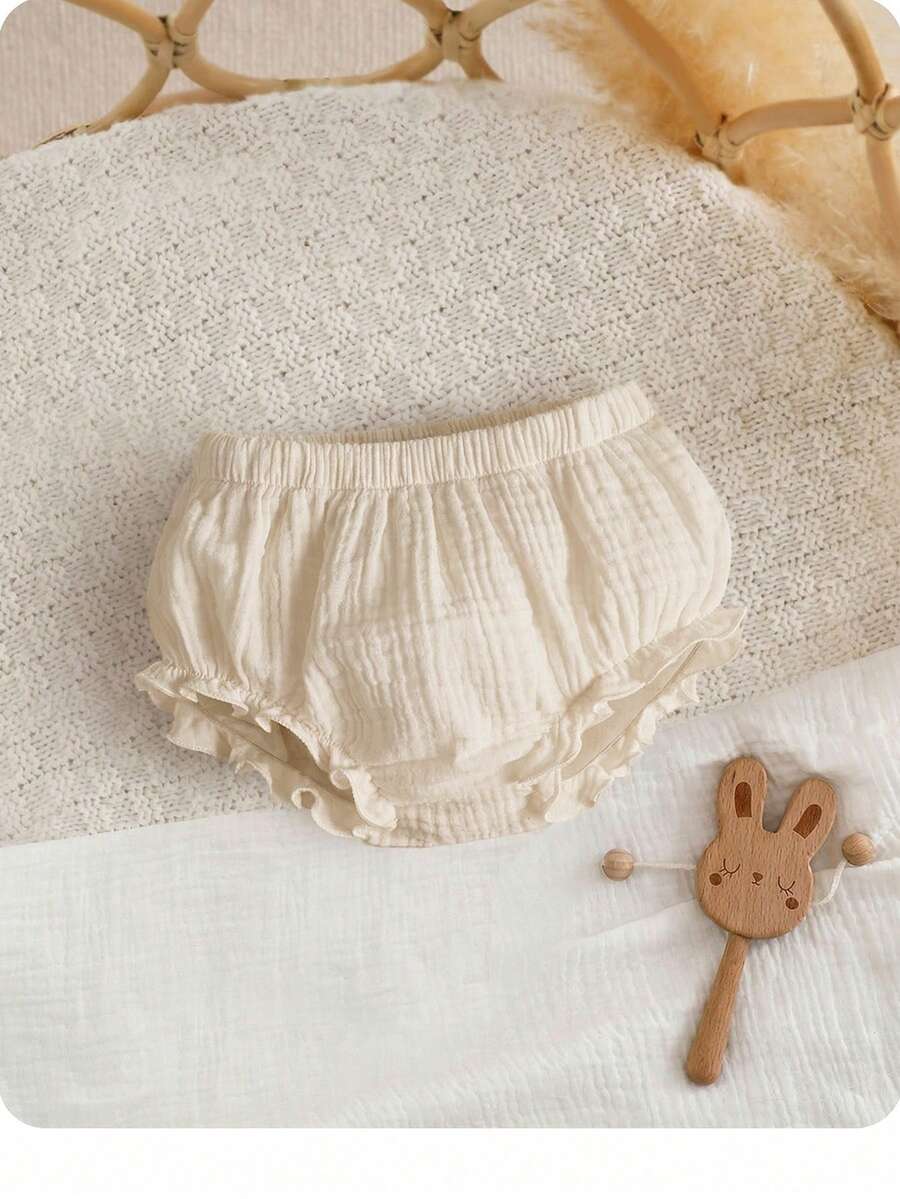 SHEIN 新生儿纯色褶皱松紧腰休闲短裤 - 米色 - 查看 1