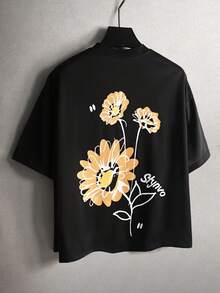Manfinity Short-Sleeved T-Shirt With Embossed Floral Print, Urban Style. Suitable For - 酒紅色 - 查看 7