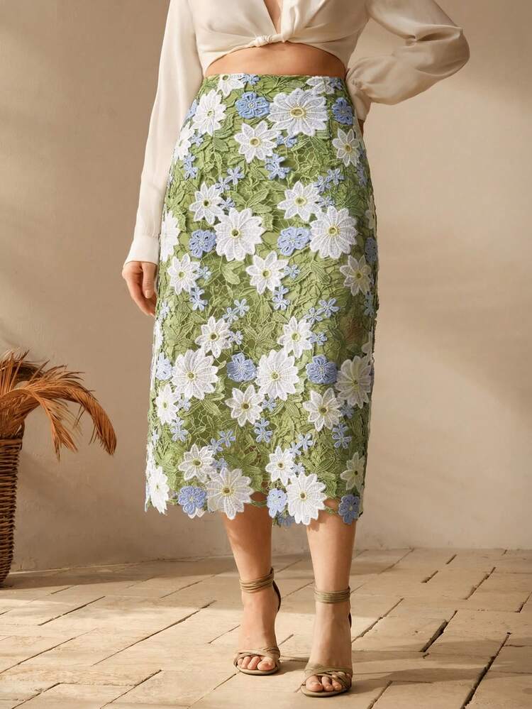 Elegant Romantic Vacation Colorblock Floral Print Slim Fit Hollow Design Comfortable Plus Size Women Midi Skirt