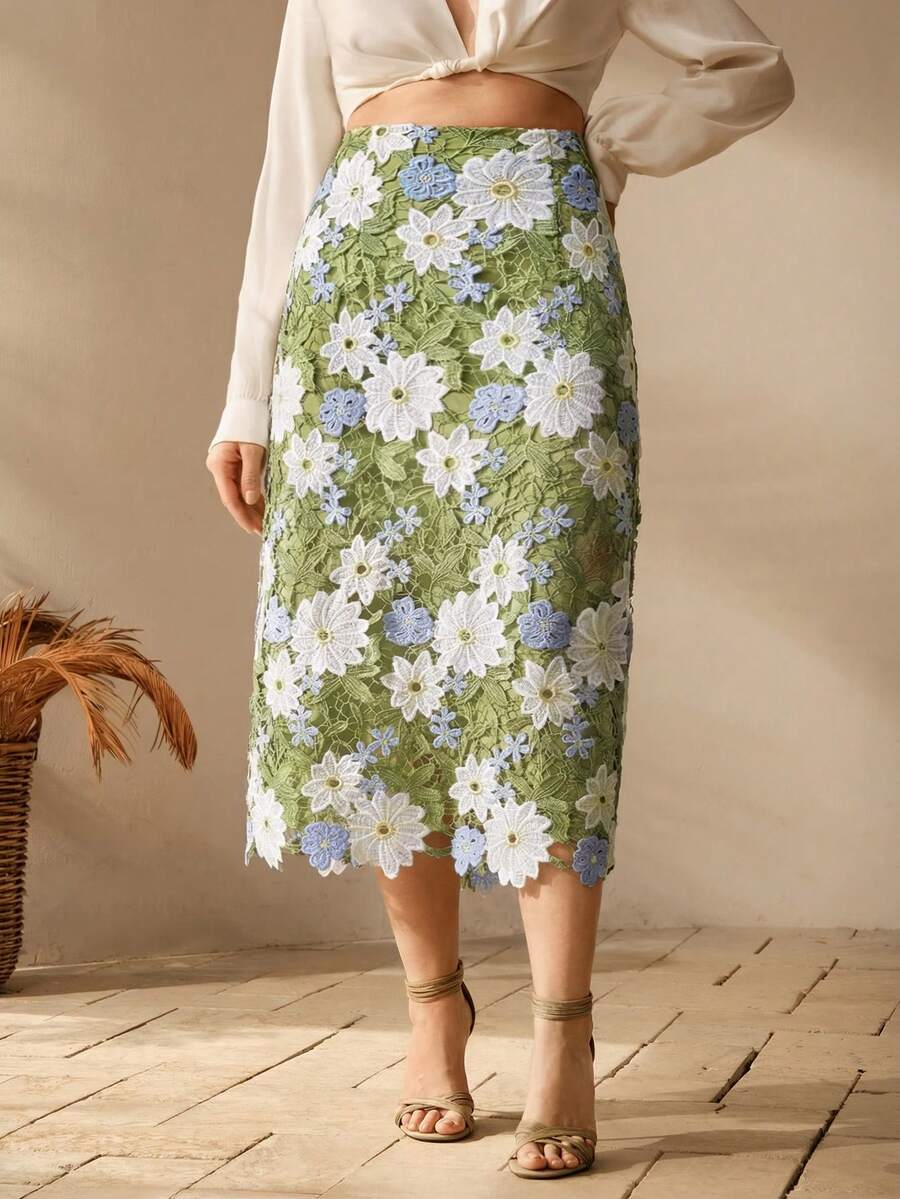 Elegant Romantic Vacation Colorblock Floral Print Slim Fit Hollow Design High-End Comfortable Plus Size Women's Midi Skirt - Multicolor - View 1