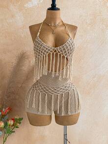 Soleia Bộ áo liền quần dệt kim nữ kiểu dáng buộc dây cổ tua rua, thích hợp mặc hàng ngày. - Cà phê nâu - Xem 6