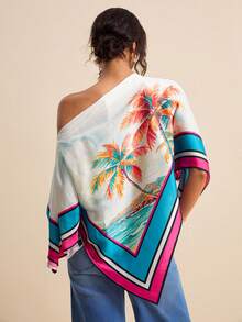 LOTSLUV Áo kiểu satin nữ mùa xuân/hè họa tiết cây dừa xanh dương, cổ chữ V, tay cánh dơi, viền tương phản. - Nhiều màu - Xem 2