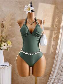 Swim Basics 1 件女式纯色 V 领露背连体泳衣，修身款，适合夏季海滩和泳池度假 - 軍綠色 - 查看 8