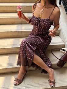 Serisse Đầm nữ mùa hè đi biển, họa tiết chấm bi, xếp ly ở phần ngực, xẻ tà, dây mảnh, dài đến đầu gối. - màu nâu - Xem 1