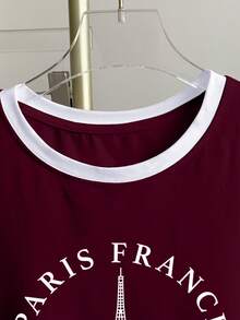 Franclia Women's Color Block Letter Print Short Sleeve Casual Round Neck T-Shirt - Burgundy - View 3