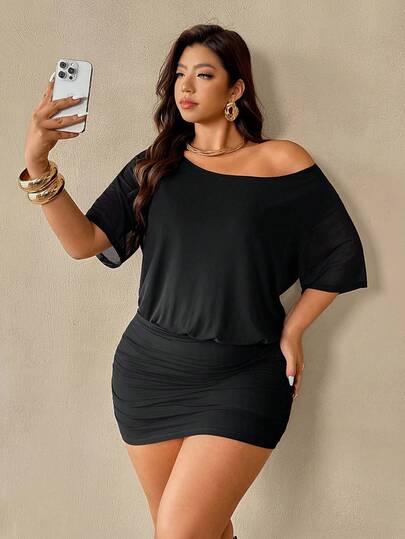 Auralis Đầm dự tiệc/hẹn hò màu trơn cho nữ cỡ lớn, kiểu dáng thường ngày, không đối xứng vai.