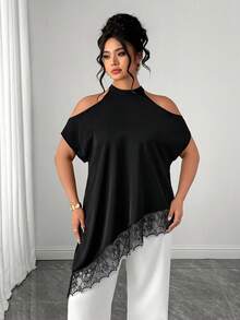 Elenzga 大码女装时尚休闲度假法式复古优雅通勤蕾丝拼接露肩上衣 - 黑色 - 查看 7