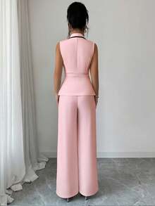 Elenzga Bộ đồ hai mảnh dành cho nữ, gồm áo croptop không tay vạt lệch và quần ống đứng, chất liệu vải dệt, trang phục công sở/đi làm thanh lịch, thích hợp cho mùa xuân/hè. - Hồng - Xem 2