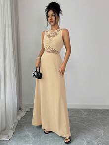 Elenzga Robe élégante, romantique et sexy pour femmes avec patchwork en dentelle, col rond, détail de torsion à la taille et jupe fluide - Nude - Voir 3