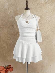 Sparklyn White Summer Vacation Holiday Textured Off-Shoulder Ruched Metallic Decor Layered Ruffle Hem Playful Mini Dress For Teenage Girls Spring/Summer Beach - White - View 5