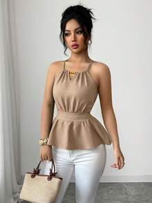 Elenzga Camiseta de tirantes ajustada y elegante de color verde para uso diario con decoración de cuentas de madera y diseño con cordón, para primavera/verano - Albaricoque - Ver 7