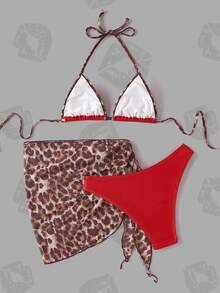 Betty Boop x SHEIN 女士豹纹卡通人物印花露背比基尼套装，配同款豹纹半身裙 - 紅色 - 查看 2