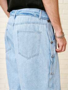Zalmeno Men's Loose Waist Street Style Multi-Buckle Blue Patchwork Denim Shorts Men Light Wash Denim Shorts Baggy Denim Shorts Men Boyfriend & Husband Couples Vintage Washed Blue For OVERSIZE College Baggy Jean Short - Light Wash - View 5