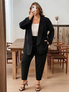 SHEIN CURVE+ Ensemble deux pièces grande taille pour femmes, veste de costume noire décontractée et ample, et leggings, tenue décontracté confortable pour l'automne et l'hiver, tenue de bureau décontracté, tenue d'automne, tenue de travail - Noir - Voir 4