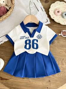 SHEIN 2Pcs Baby Girl Toddler New Born 0-3 Years Old Blue White Stripe Summer Casual College Sporty V-Neck Polo Short Sleeve Tee Shirt Pleated Skirt Set - Blue - View 4