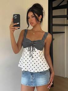 Attitoon 休闲简约复古优雅通勤百搭保暖条纹波点印花图案，沙滩/度假装，女士夏季装，女士抽绳吊带背心，可爱夏日上衣 - 彩色 - 查看 3