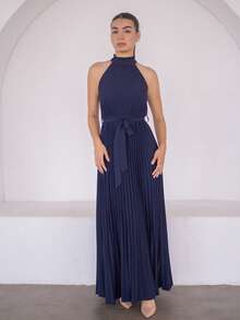 Andrea Bello Valentinstag Damen Kleid mit gerafftem V-Ausschnitt, plissiert, figurbetonter Schnitt & ausgestellter Rock, elegant romantisch - marineblau - Übersicht 3