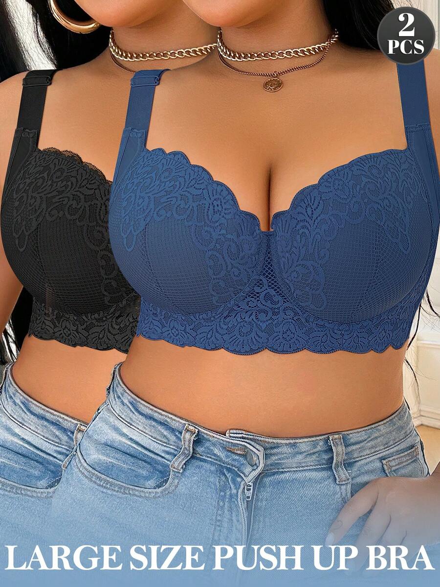 SHEIN 2pcs/Set Plus Size Lace Comfortable Seamless Supportive Underwire Bras Big Size Bra Plus Size Bra Plus Lingerie For Women Push Up Bra Curve - Multicolor - View 1