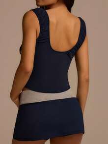 Fluxe Top casual de mujer con rayas, patchwork, estampado de letras y espalda descubierta, jersey de la Copa del Mundo, conjuntos de verano, conjuntos de festival, conjuntos de playa, conjuntos para salir al mar, ropa de gimnasio para mujer, conjuntos casuales de gimnasio, conjuntos de vacaciones, ropa deportiva, conjuntos de entrenamiento - Negro - Ver 7